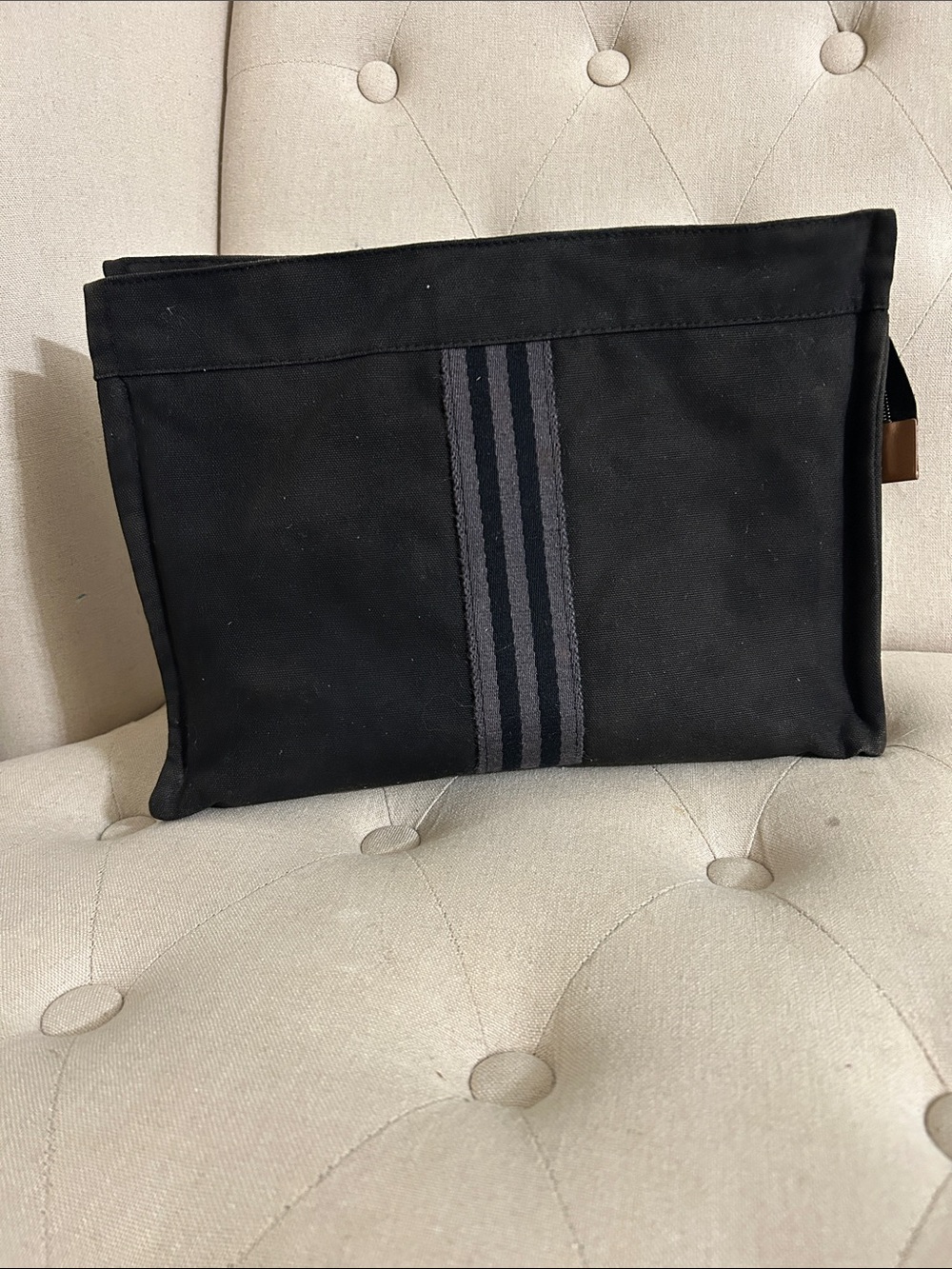 Hermes Black Canvas Toiletry Pouch with Center Stripe